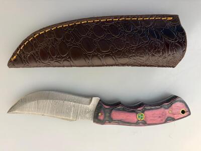 Custom Damascus Fixed Blade Knife, Dyed Wood Handle, Mosaic Pin, Leather Sheath, Trailing Point Blade