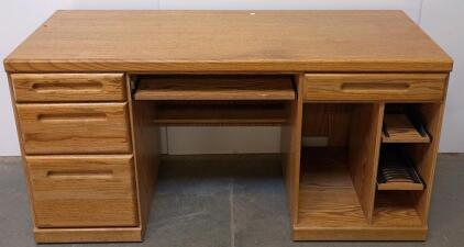 Oak Finish Computer Desk with Multiple Drawers and Shelves, 60" W x 24" D x 30" H