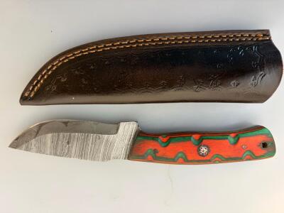 Custom Damascus Fixed Blade Knife, Drop Point, Dyed Carved Wood Handle, Leather Sheath