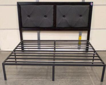 Queen Metal Platform Bed Frame with Upholstered Button-Tufted Headboard, Sturdy Steel Slats