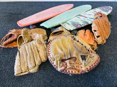 Vintage Moto Board and Mixed 1970s-80s Skateboards plus Ace, Louisville Slugger Baseball Gloves