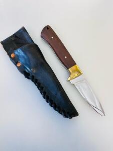 Fixed-Blade Hunting Knife, Drop Point, 4.5" Stainless Blade, Wood Handle, Brass Bolster, Leather Sheath