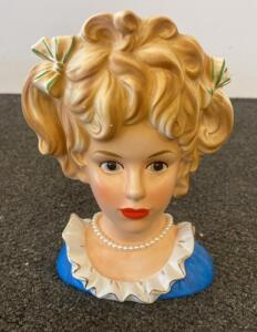 INARCO E-3523 Ceramic Head Vase, 5.5", Blonde Girl, Pearl Necklace, Japan, 1950s-60s