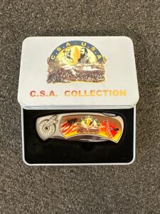 CSA USA Civil War Folding Pocket Knife, Stainless Blade, Collector Tin, Enamel Handle
