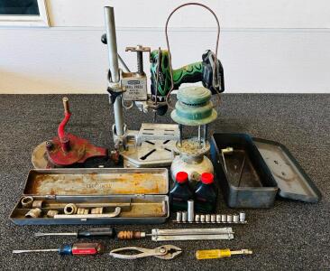 Craftsman Drill Press Stand, Coleman 242C Lantern, Hitachi 12V Drill & Vintage Tool Lot (Drill Requires New Battery)