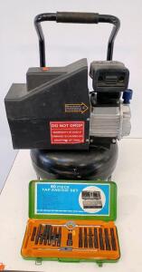 Central Pneumatic 4 Gallon 125 PSI Pancake Air Compressor, Model 90221, 1-3/4 HP, 115V & 60 Piece Tap and Die Set