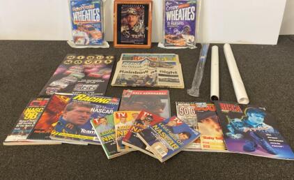 1998 NASCAR Pepsi 400 Daytona Memorabilia W/ Dale Earnhardt Wheaties Boxes, Clock, Magazines
