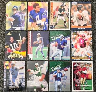 1990s NFL QB Trading Card Lot &ndash; 12 Cards, Harbaugh, Moon, Stewart, Testaverde, Multiple Brands