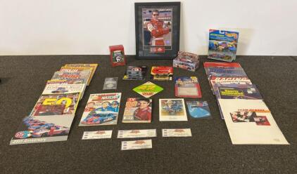 NASCAR Memorabilia Lot: Bill Elliott Framed Photo, Dale Earnhardt Diecasts, Collectibles, Magazines
