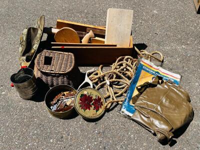 Vintage Nesco Sifter, Old Brass and Metal Door Hinges, Jhats Camo Hat, Wooden Box With Project Wood Pieces, Stocking Foot Waders and More