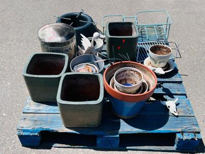 Mixed Lot: 4 Large Ceramic Planters, Metal Racks, Decorative Sculptures, Christmas Tree Stand and More