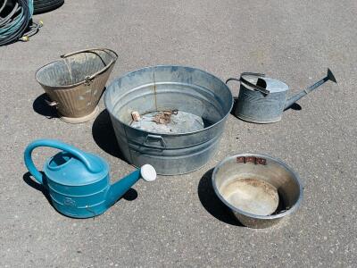 Medium Sized Galvanized Tub, (3) Watering Cans, and Dog Bowl