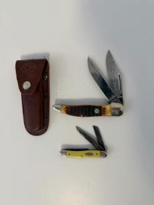 Boker Tree Brand Trapper Folding Knife w/ Leather Sheath & Case Yellow Pen Knife, 2-Blade Lot