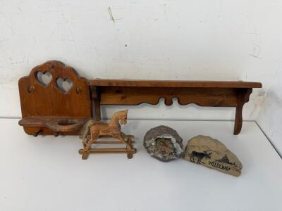 Rustic Pine Wood Wall Shelf Set, Heart Cutouts, Long Ornate Shelf, 2 Pegs, 2 Hooks, Cup Holder