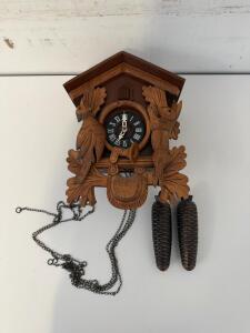Vintage German Mechanical Cuckoo Clock, Carved Wood, Pinecone Weights, Roman Numerals