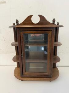 Vintage Wall-Mounted Wooden Display Cabinet with Glass Door, 2 Interior Shelves, Decorative Finials