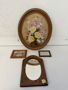 Vintage Floral Oil Painting by Grosvenor, Oval Frame, Wall Mirror, and Decorative Plaques Set