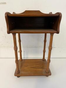 Oak Side Table with Spindle Legs and Open Shelf, Gallery Edge, Medium Brown Finish, 24&rdquo; Tall
