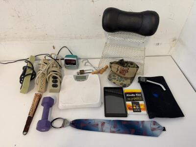 Mixed Lot: Kindle Fire Tablet, Health o meter Scale, Power Strips, Soundesign Clock, Dumbbell, Accessories