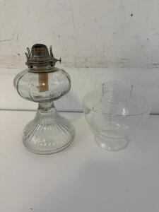 Vintage Clear Glass Table Kerosene Oil Lamp, "The Queen" Burner, Cracked Globe, 12" Tall
