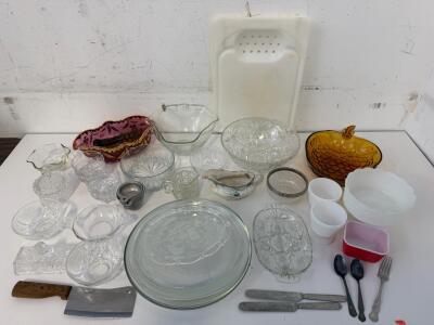 Large Vintage Mixed Kitchenware Lot &ndash; Pressed Glass, Amber Dish, Ceramic Gravy Boat, Utensils, 1930s-70s