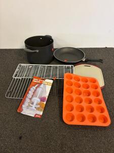 Mixed Kitchen Cookware & Bakeware Lot&mdash;Pot, Frying Pan, Racks, Silicone Muffin Pan, Decorating Kit