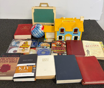 Vintage Fisher-Price Play Family House, Webster's Dictionary, KJV Bibles, Mixed Books & CDs