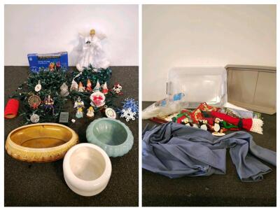 Large Christmas Decoration Lot - GE 100 Mini Lights and more, Vintage Elves, Angel Topper, Mr. Christmas Christmas decor, tote with lid, and mechanic jump suit.