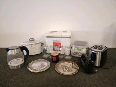 Oster Kettle, GE Slow Cooker, Toastmaster Bread Maker, Digital Rice Cooker, Toaster, Plates, Jars