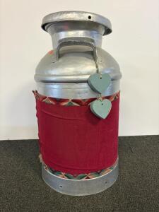 Vintage Atlantic 10-Gallon Metal Milk Can With Red Wrap And Heart Ornaments