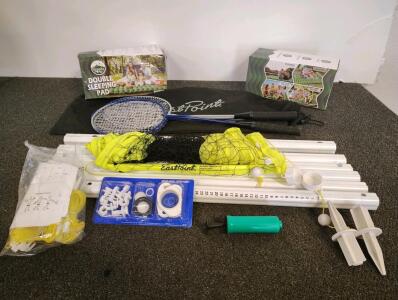 EastPoint 4-Player Badminton Set With Net, Poles, 2 Shuttlecocks & Carry Bag, 2 Yuzonc Double Sleeping Pad XM-013, Green, 2 Person, Integrated Foot Pump, 78"x47"x2.4" Outdoor Use