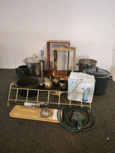Mixed Vintage Camping Cookware, Cast Iron Dutch Oven, Propane Stove, Extension Cord, Pot Set