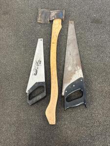 Panel Saws (22" & 20", Steel Blades) And Single Bit Axe (28" Wood Handle, Steel Head)