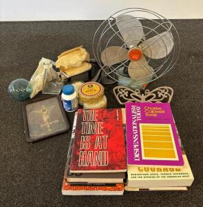 Vintage KDK Electric Fan, 6 Books Including 'Dispensationalism Today', Decorative Trivet, and More