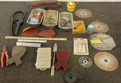 Workshop Lot: 3 Circular Saw Blades 7-1/4 In, Grinding Discs, Fasteners, Pliers, Epoxy, Sanding Belts