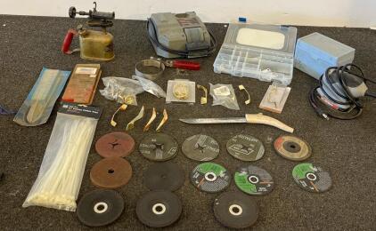 Sears Craftsman Wet Wheel Sharpener, Vintage Torch, Various Size Grinder Blades and Sander Disks, And Antler Knife