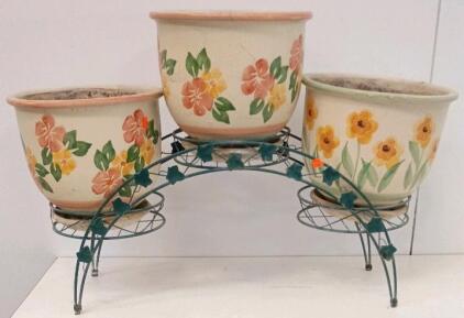 Set of 3 Hand-Painted Floral Ceramic Planter Pots with Metal Stand and Saucers, 12-Inch Diameter