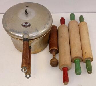 Vintage Presto 4 Qt Pressure Cooker, 4 Wooden Rolling Pins, 1940s-1960s Kitchen Collection
