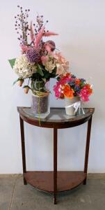 Demilune Console Table with Glass Top and Lower Wooden Shelf, Approx. 44" W x 16" D x 32" H, Flowers Included