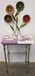 Metal Wall Art Flower Sculpture, Pair Of 16" Floral Canvas Paintings, 36" Utility Shelf Table