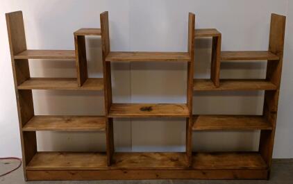 Large 11-Shelf Freestanding Wood Bookshelf, 94"x13"x60", Staggered Modern Design, Natural Finish