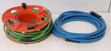 Two 3/8" x 50 ft Air Hoses &ndash; Quick Connects, Storage Reel Included, Green & Blue