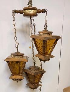Vintage 3-Light Swag Lamp With Amber Glass Panels And Ornate Scrollwork