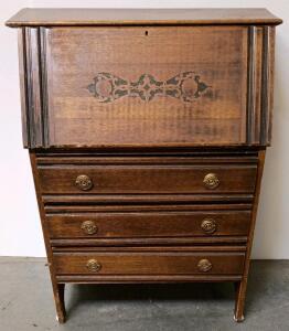 Vintage Drop-Front Secretary Desk, Solid Wood, 3 Drawers, Brass Hardware, 36"x18"x42"
