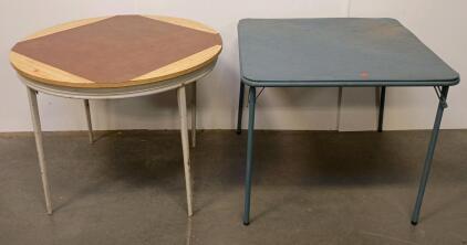 Vintage Folding Card Tables - One Square Blue Metal, One Round Brown Laminate, Metal Legs
