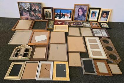 Bulk Lot of 32 Assorted Picture Frames, Wood, Metal, Collage, Sizes 3"x4" to 12"x15", Mixed Styles