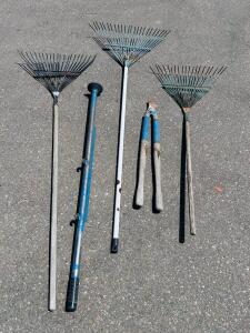 Set of Yard Tools with 3 Metal Leaf Rakes, Post Hole Tamper Bar, Large Loppers, 48&ndash;60" Handles