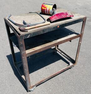 Metal Utility Cart/Workbench with Plywood Shelves and Assorted Tools