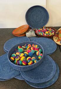 Large Handwoven Multicolor Basket Tray and Set of 30 Woven Decorative Ornaments, Sisal & Sweetgrass