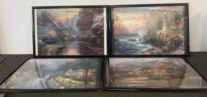 Set of 4 Framed Thomas Kinkade 1000-Piece Jigsaw Puzzle Artworks &ndash; Coastal & Cottage Scenes
